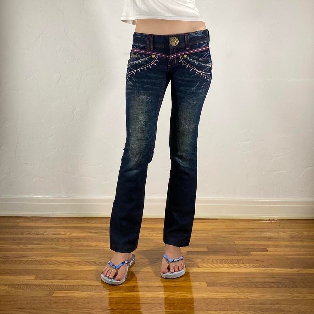 Blue and pink bootcut jeans